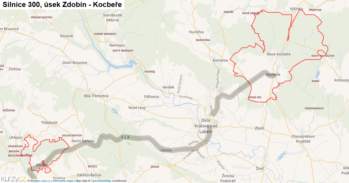 Úsek Zdobín - Kocbeře, Silnice 300 - Mapa