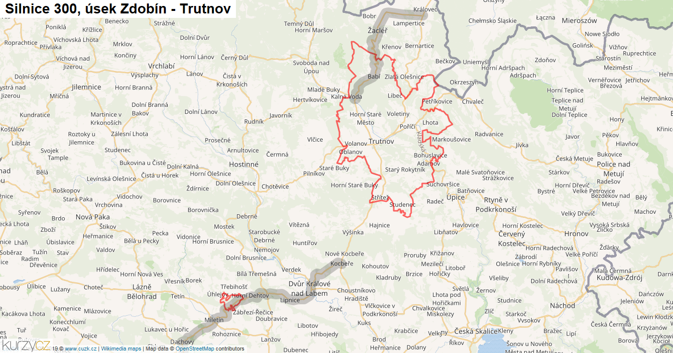 Úsek Zdobín - Trutnov, Silnice 300 - Mapa