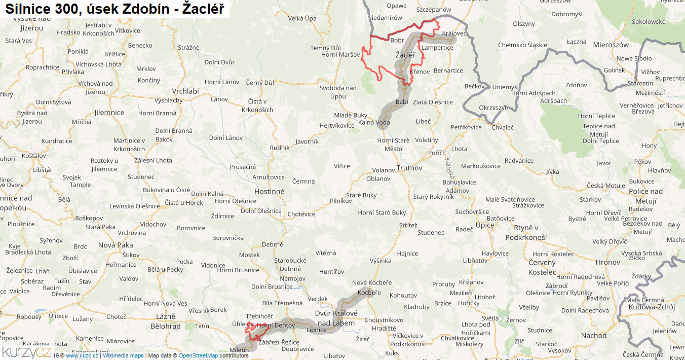 Úsek Zdobín - Žacléř, Silnice 300 - Mapa