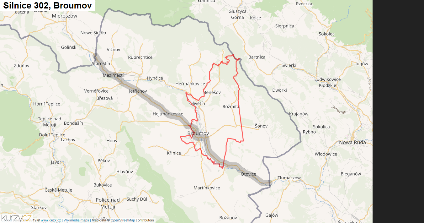 Broumov, Silnice 302 - Mapa