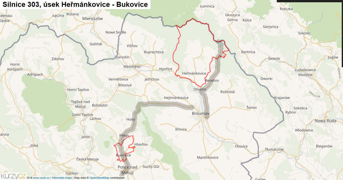 Úsek Heřmánkovice - Bukovice, Silnice 303 - Mapa