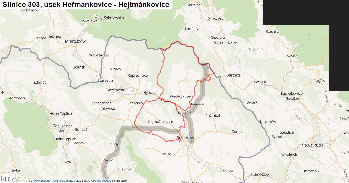 Úsek Heřmánkovice - Hejtmánkovice, Silnice 303 - Mapa