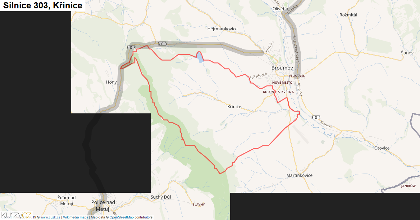 Křinice, Silnice 303 - Mapa