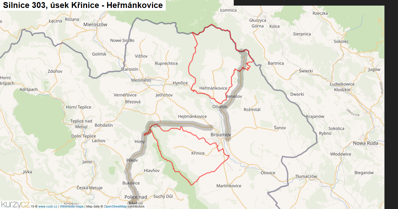 Úsek Křinice - Heřmánkovice, Silnice 303 - Mapa