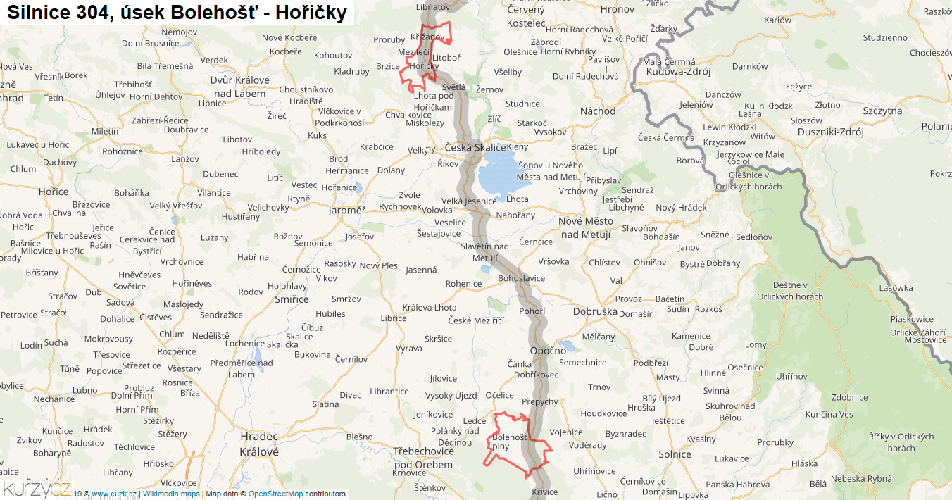 Úsek Bolehošť - Hořičky, Silnice 304 - Mapa