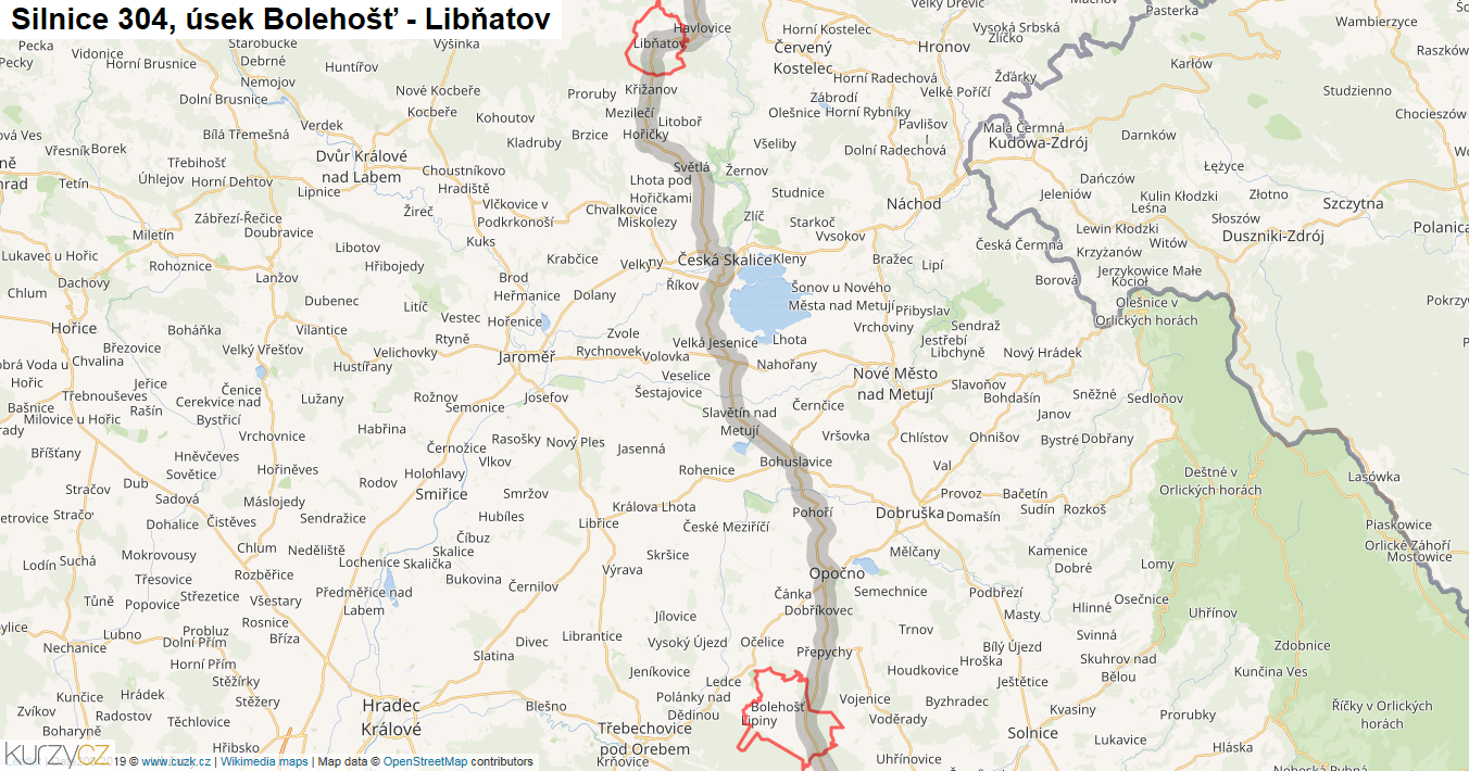 Úsek Bolehošť - Libňatov, Silnice 304 - Mapa
