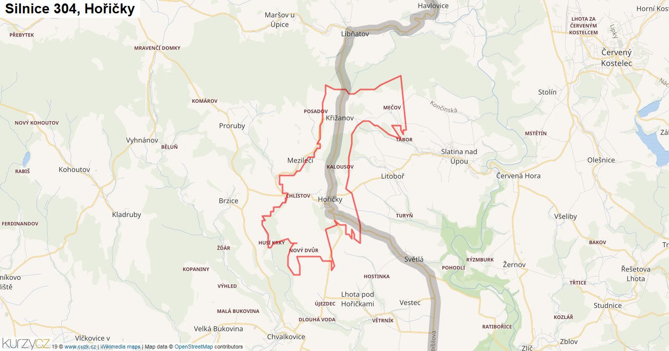 Hořičky, Silnice 304 - Mapa