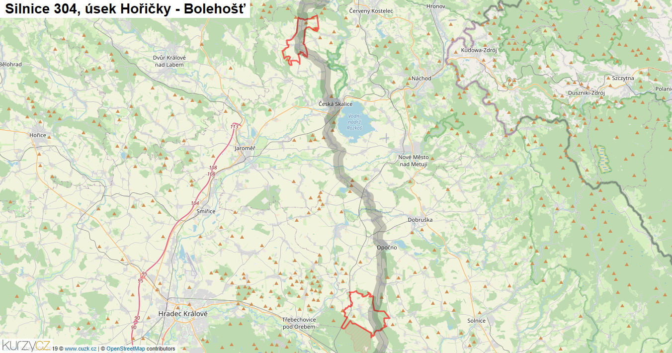 Úsek Hořičky - Bolehošť, Silnice 304 - Mapa