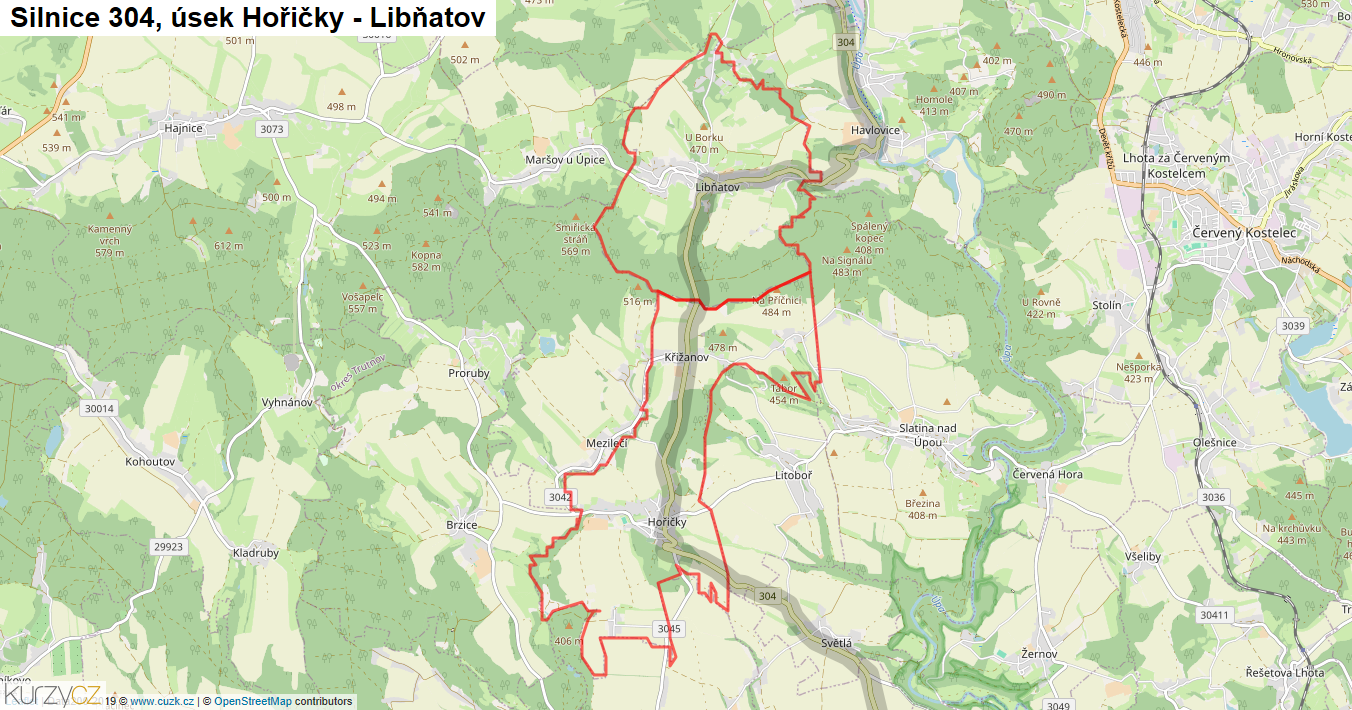 Úsek Hořičky - Libňatov, Silnice 304 - Mapa