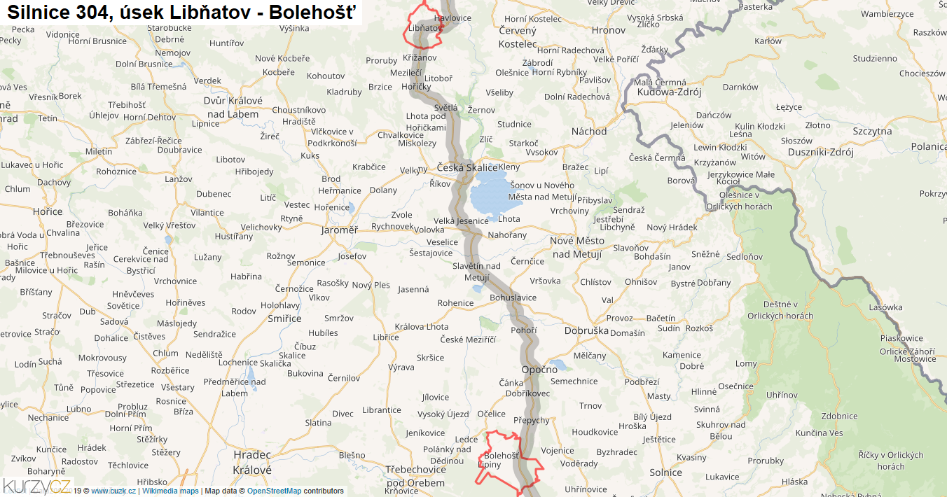 Úsek Libňatov - Bolehošť, Silnice 304 - Mapa