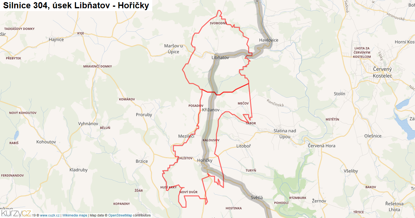 Úsek Libňatov - Hořičky, Silnice 304 - Mapa
