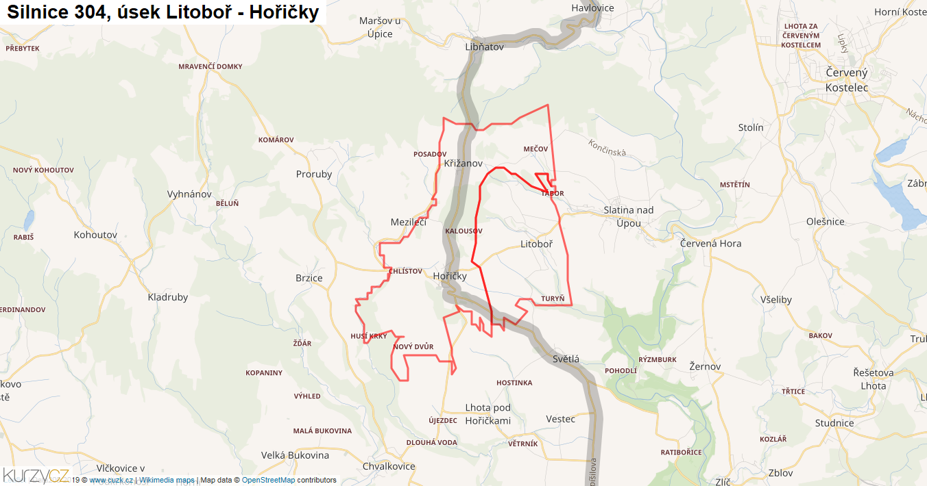 Úsek Litoboř - Hořičky, Silnice 304 - Mapa
