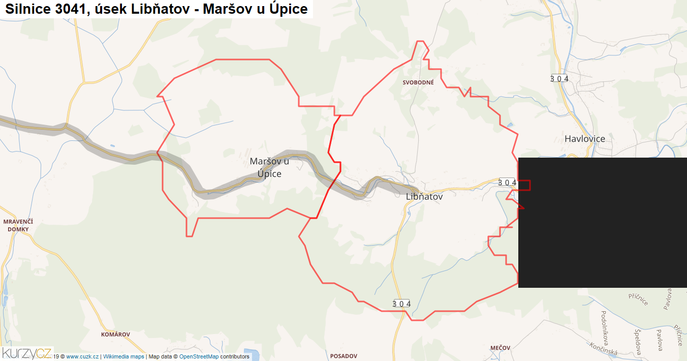 Úsek Libňatov - Maršov u Úpice, Silnice 3041 - Mapa