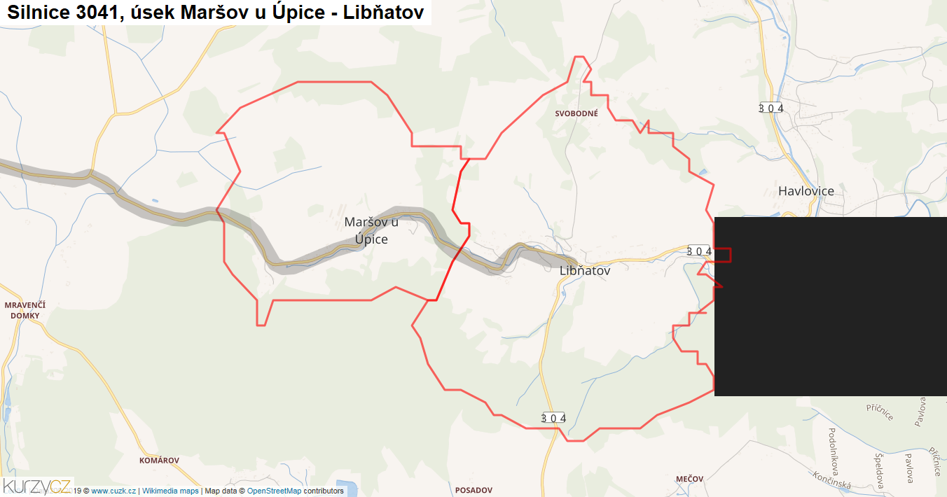 Úsek Maršov u Úpice - Libňatov, Silnice 3041 - Mapa