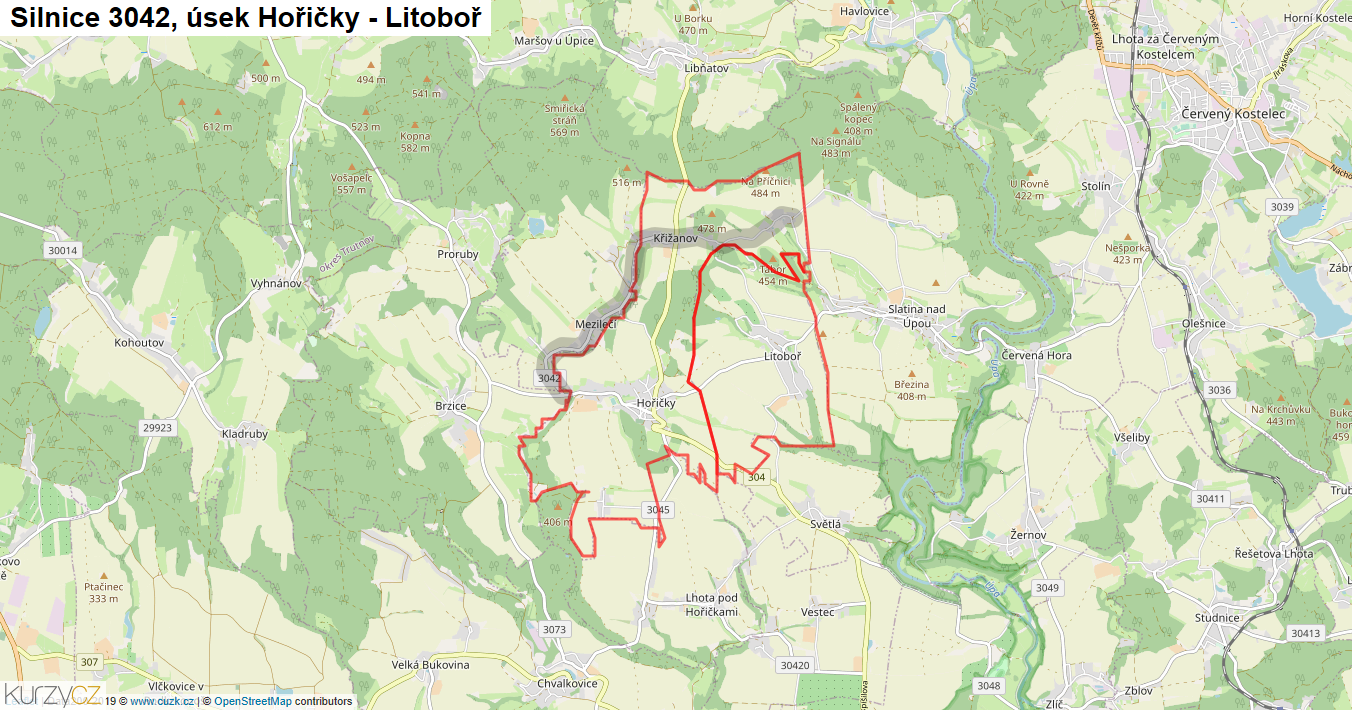 Úsek Hořičky - Litoboř, Silnice 3042 - Mapa