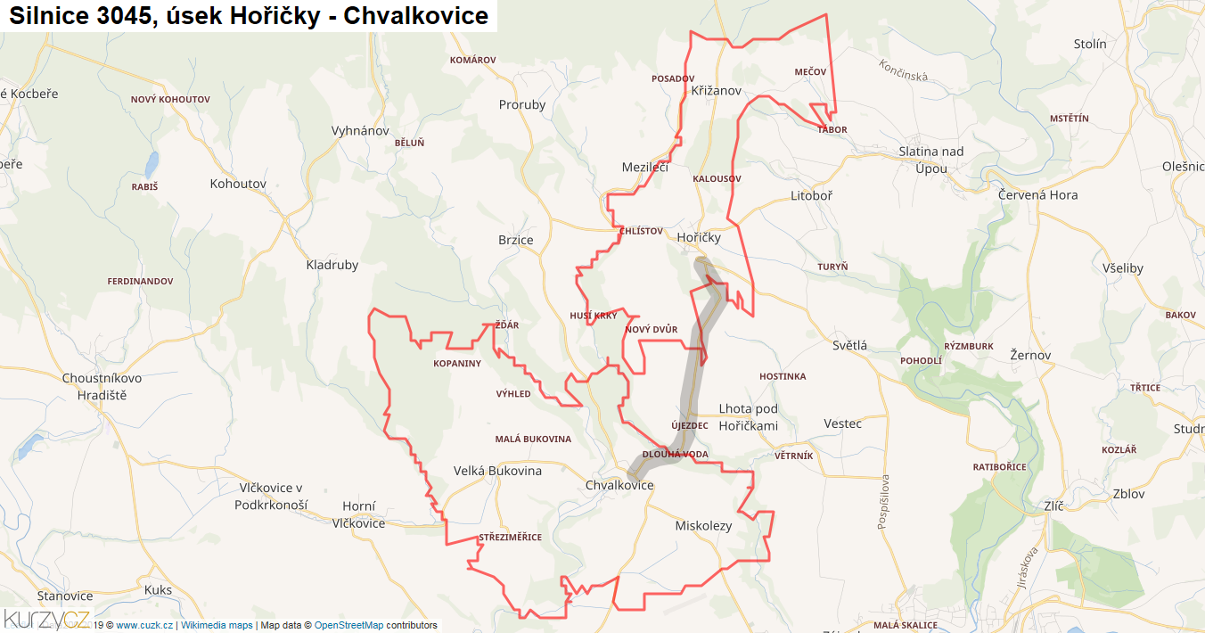 Úsek Hořičky - Chvalkovice, Silnice 3045 - Mapa