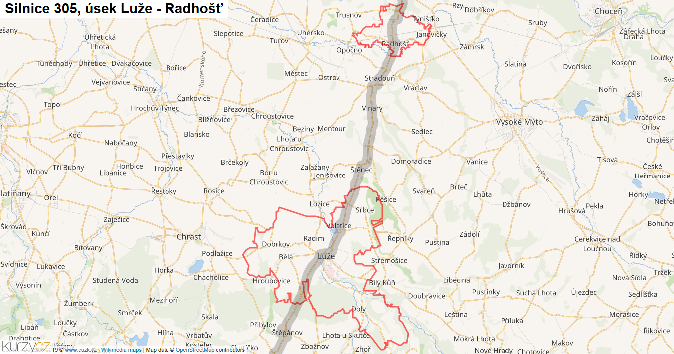 Úsek Luže - Radhošť, Silnice 305 - Mapa