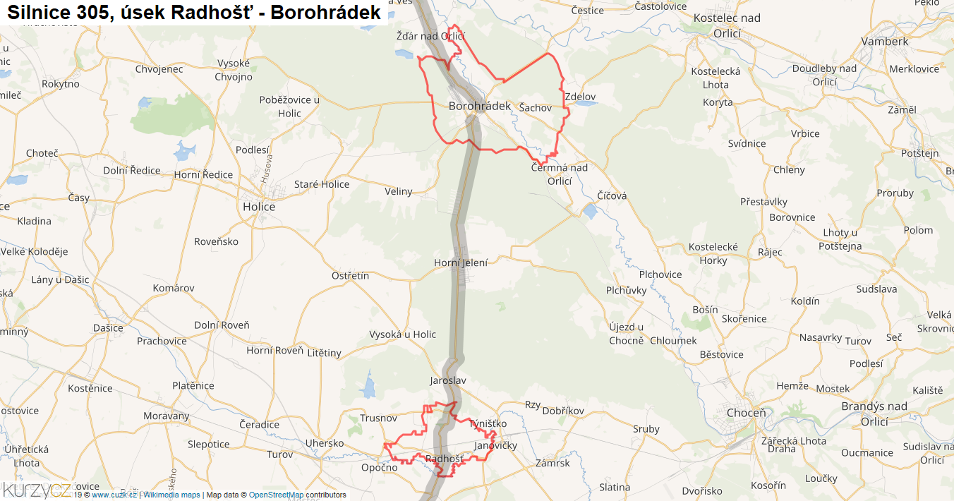 Úsek Radhošť - Borohrádek, Silnice 305 - Mapa