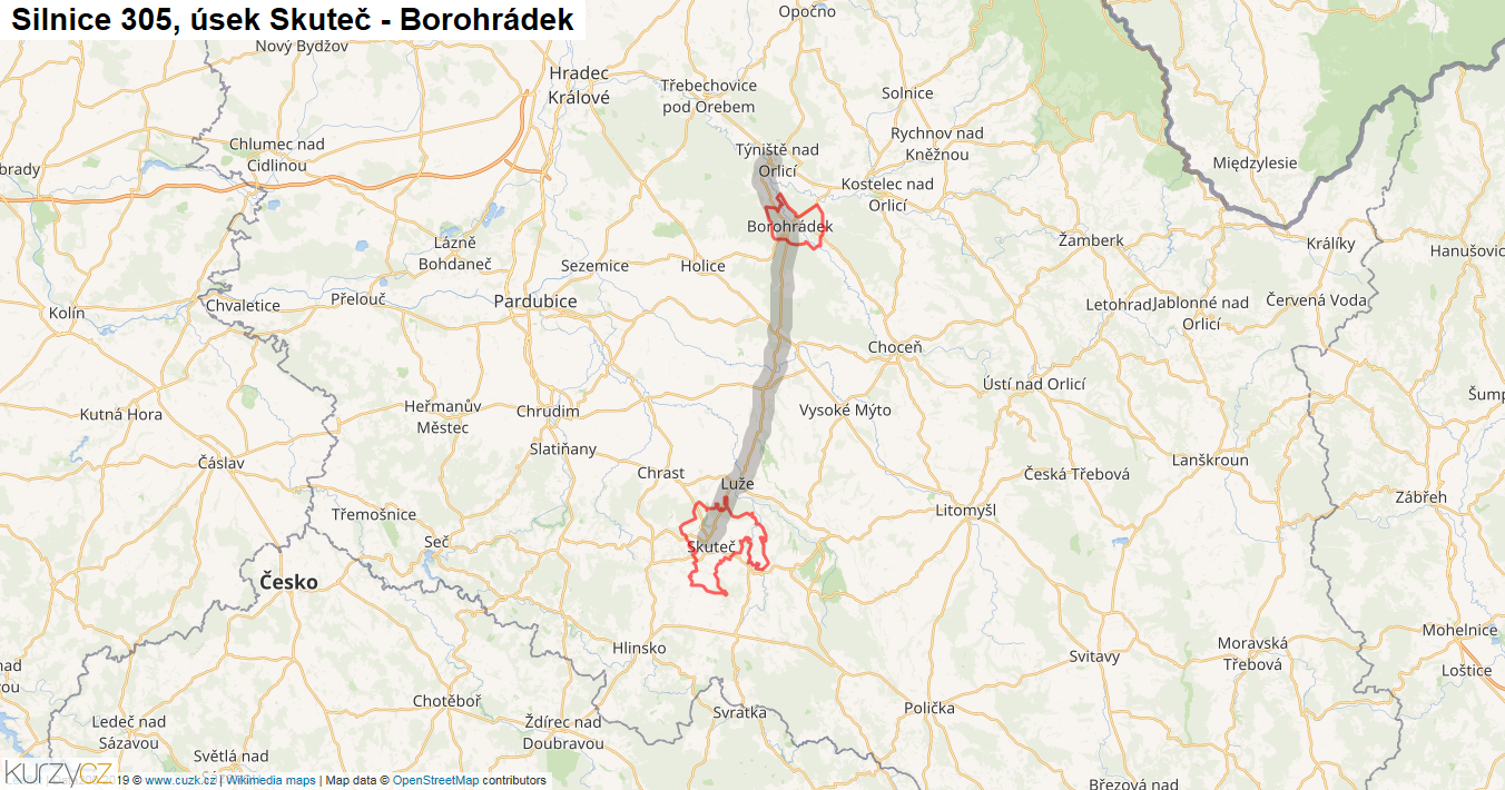 Úsek Skuteč - Borohrádek, Silnice 305 - Mapa