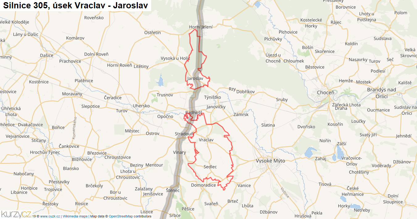 Úsek Vraclav - Jaroslav, Silnice 305 - Mapa