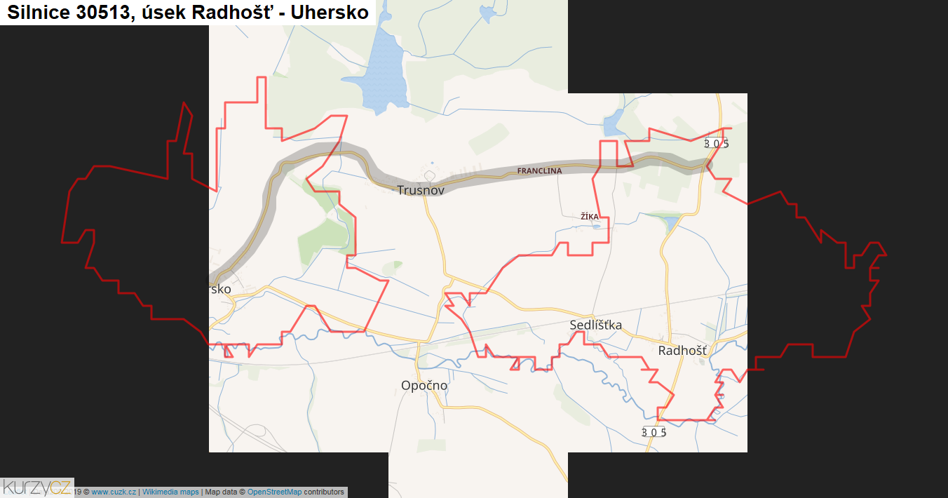 Úsek Radhošť - Uhersko, Silnice 30513 - Mapa