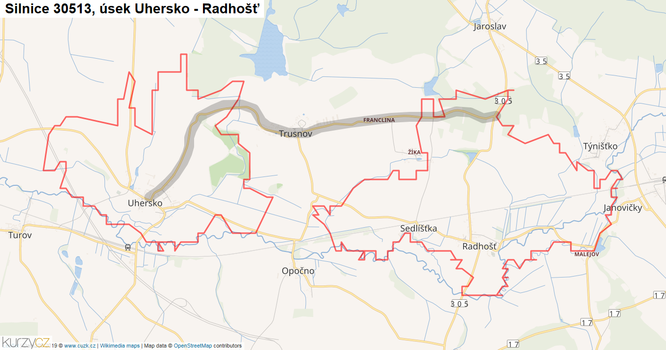Úsek Uhersko - Radhošť, Silnice 30513 - Mapa