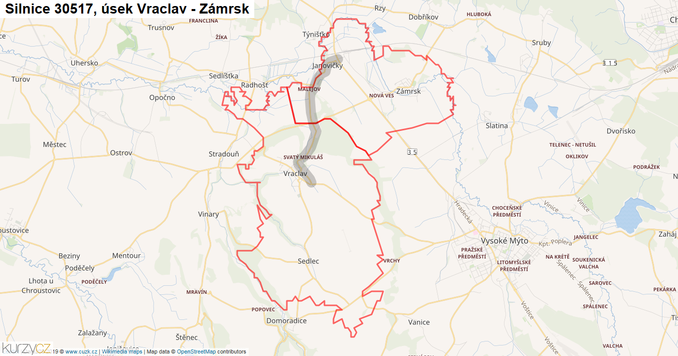 Úsek Vraclav - Zámrsk, Silnice 30517 - Mapa