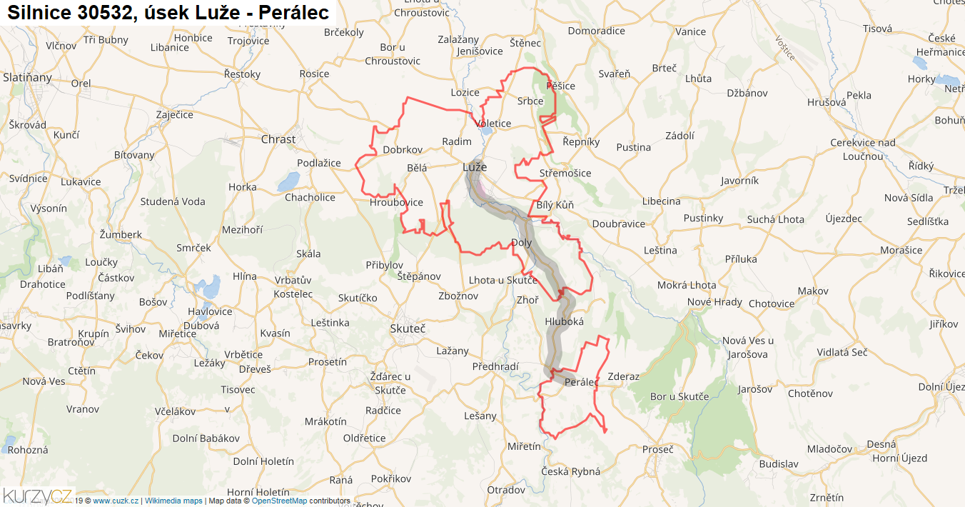 Úsek Luže - Perálec, Silnice 30532 - Mapa