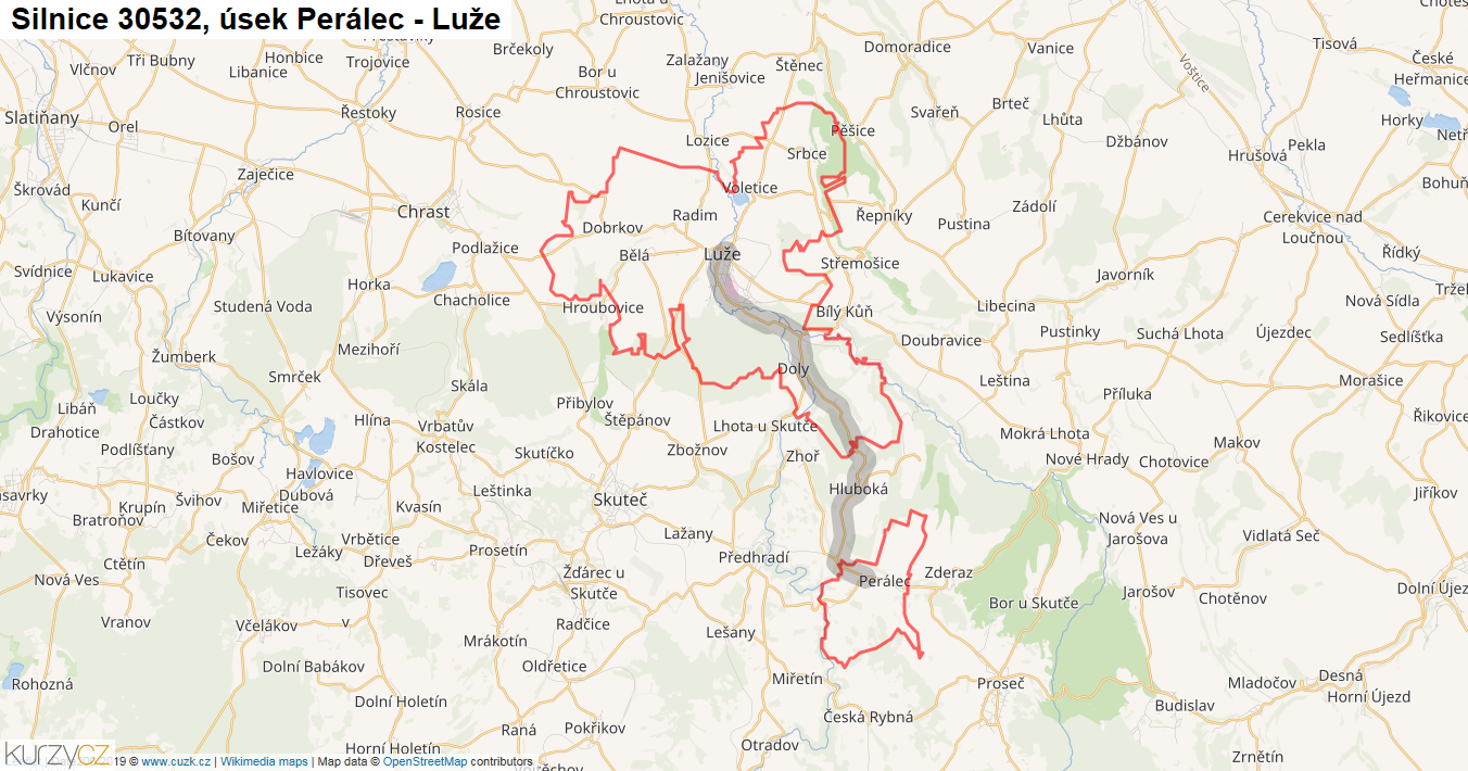 Úsek Perálec - Luže, Silnice 30532 - Mapa