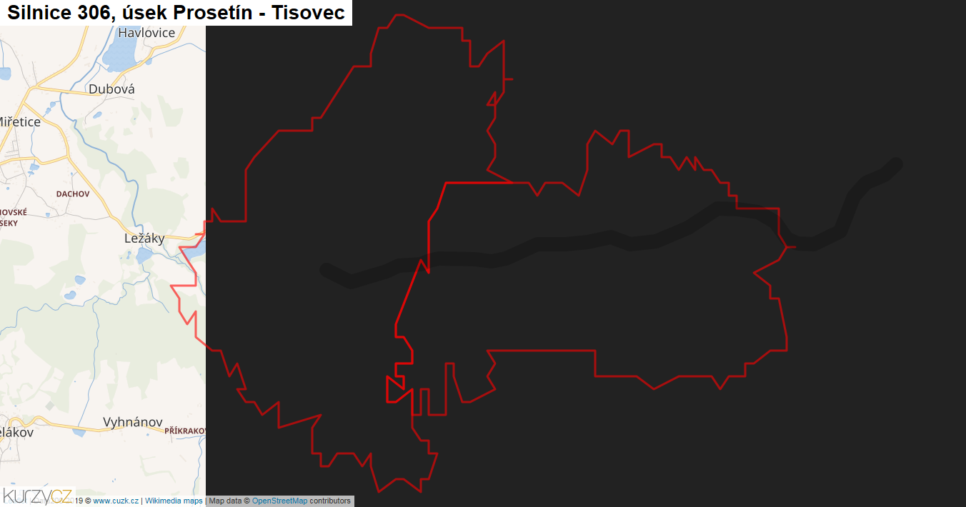 Úsek Prosetín - Tisovec, Silnice 306 - Mapa