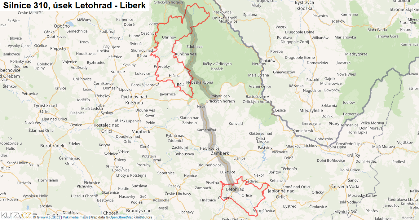 Úsek Letohrad - Liberk, Silnice 310 - Mapa