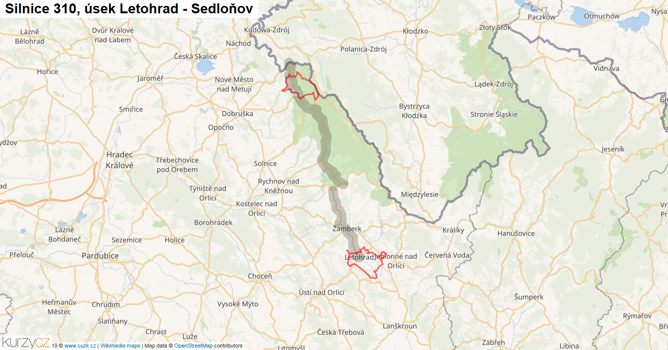 Úsek Letohrad - Sedloňov, Silnice 310 - Mapa