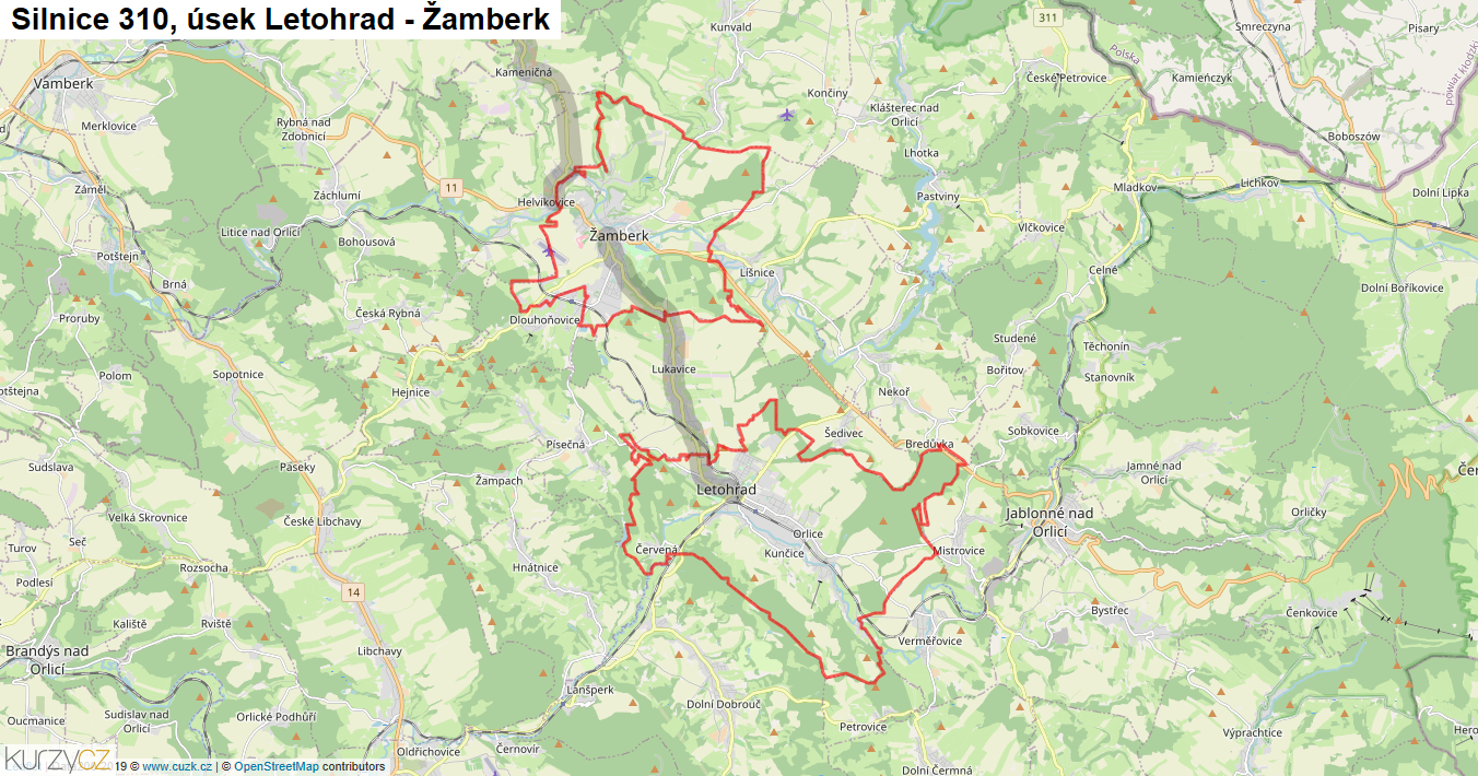 Úsek Letohrad - Žamberk, Silnice 310 - Mapa