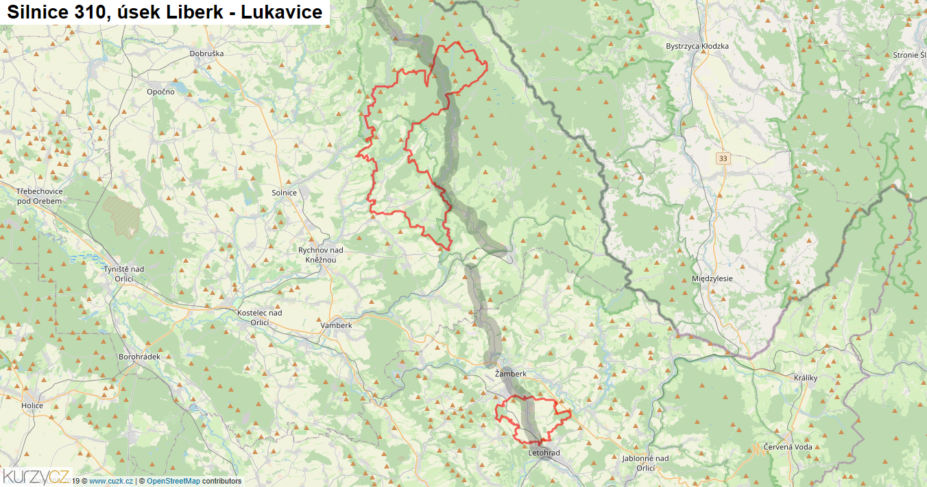 Úsek Liberk - Lukavice, Silnice 310 - Mapa