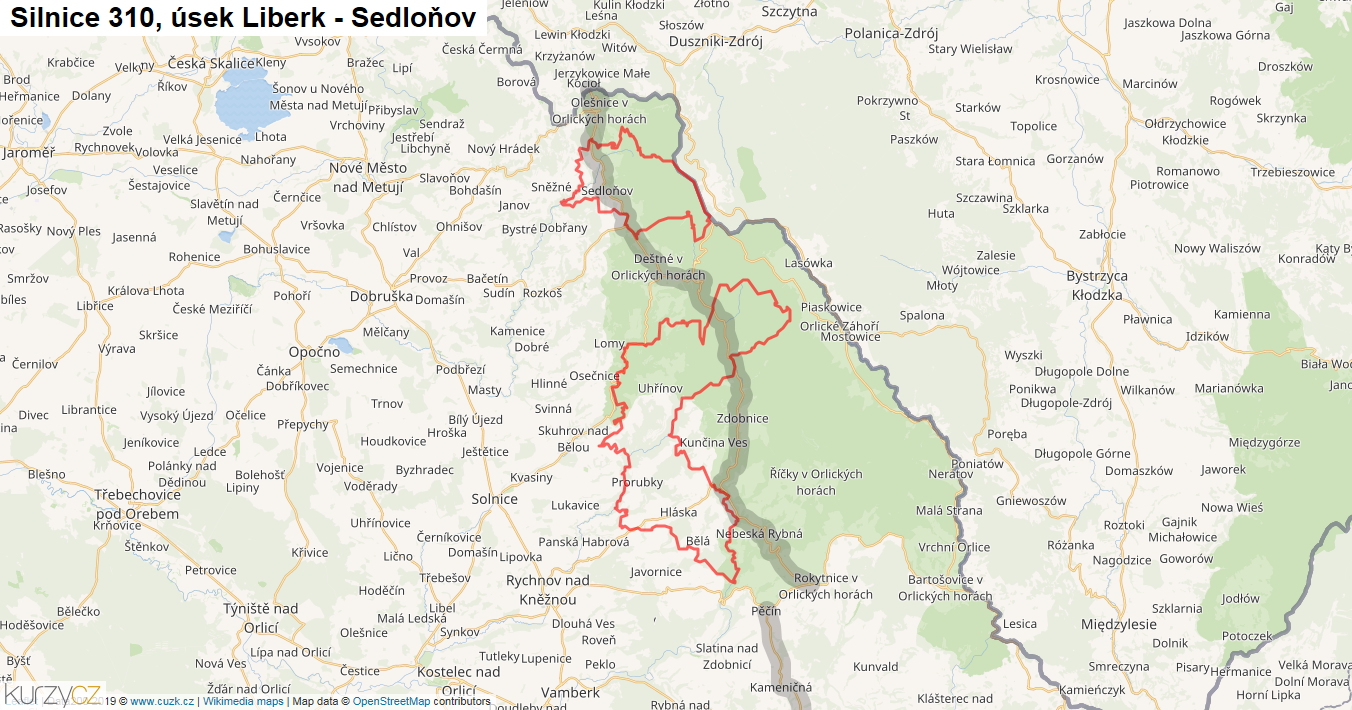 Úsek Liberk - Sedloňov, Silnice 310 - Mapa