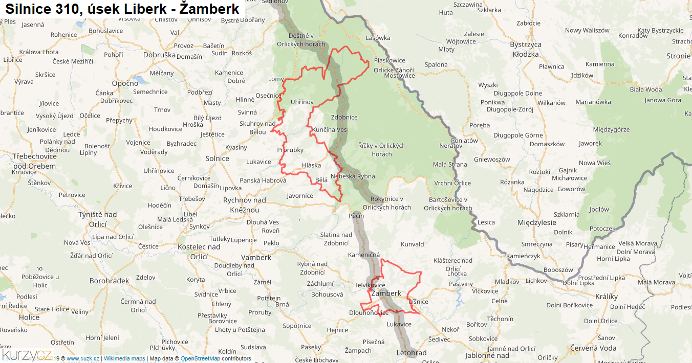 Úsek Liberk - Žamberk, Silnice 310 - Mapa