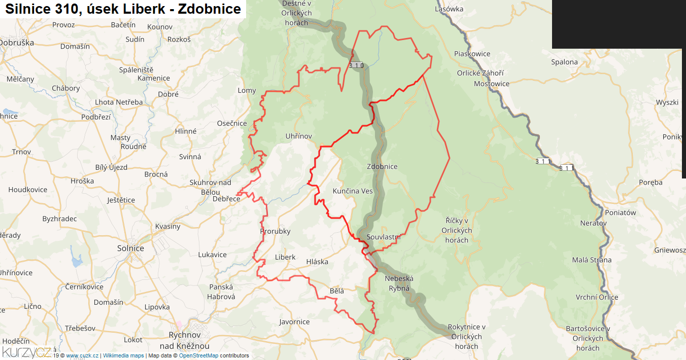 Úsek Liberk - Zdobnice, Silnice 310 - Mapa