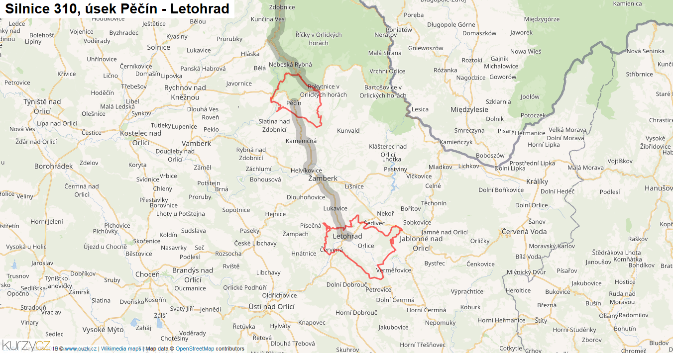 Úsek Pěčín - Letohrad, Silnice 310 - Mapa