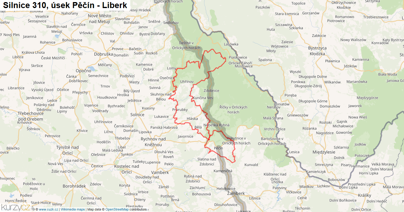 Úsek Pěčín - Liberk, Silnice 310 - Mapa