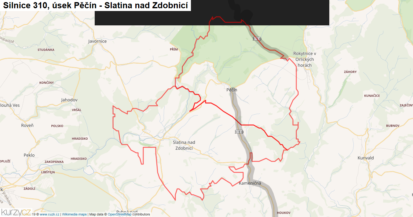 Úsek Pěčín - Slatina nad Zdobnicí, Silnice 310 - Mapa