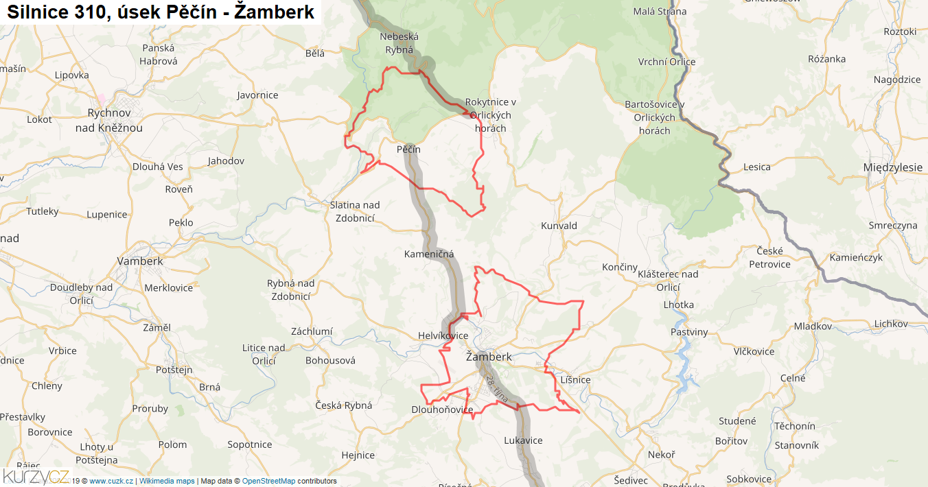 Úsek Pěčín - Žamberk, Silnice 310 - Mapa