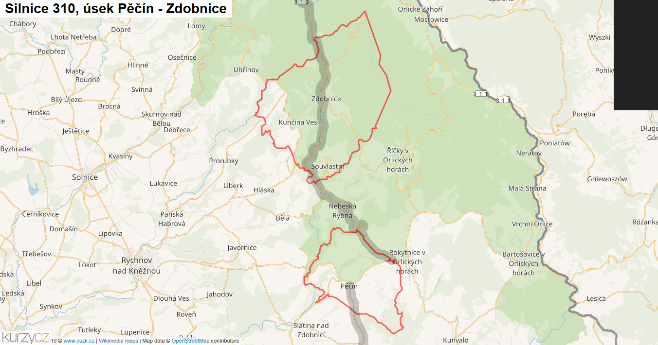 Úsek Pěčín - Zdobnice, Silnice 310 - Mapa