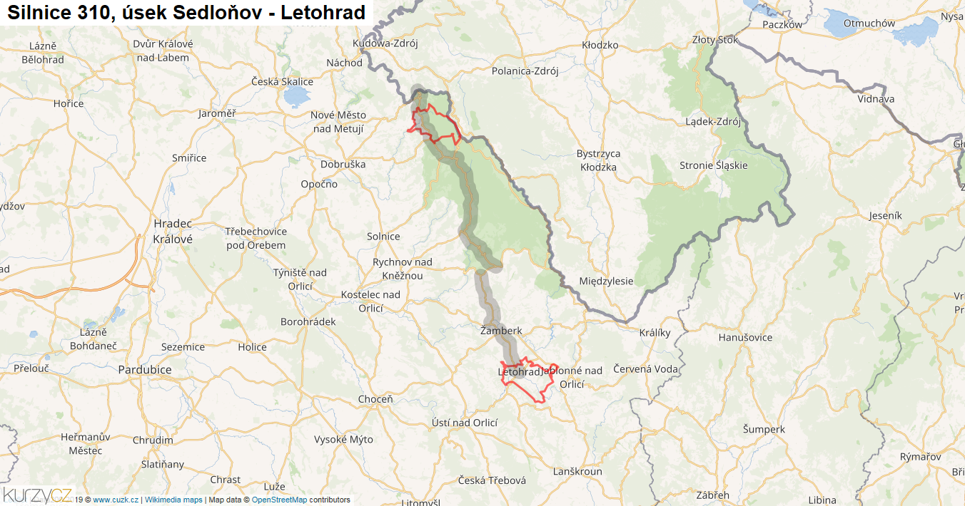 Úsek Sedloňov - Letohrad, Silnice 310 - Mapa