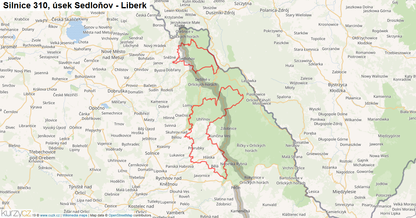 Úsek Sedloňov - Liberk, Silnice 310 - Mapa