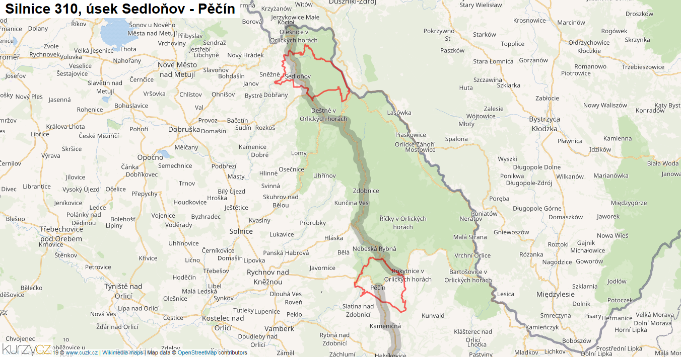 Úsek Sedloňov - Pěčín, Silnice 310 - Mapa