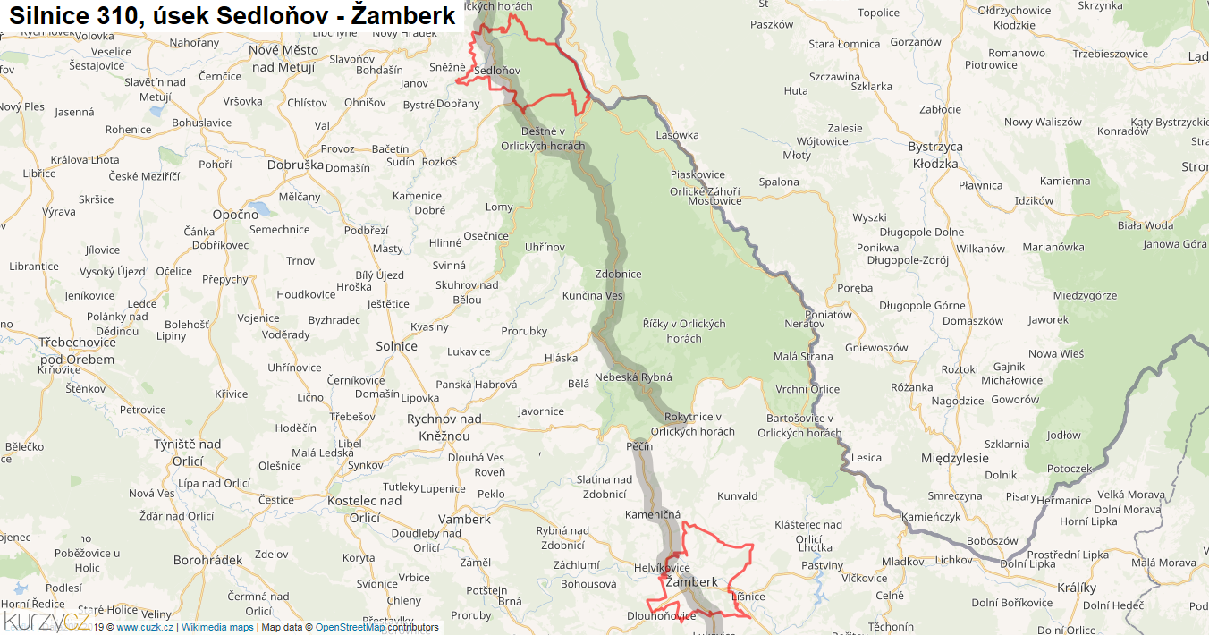 Úsek Sedloňov - Žamberk, Silnice 310 - Mapa