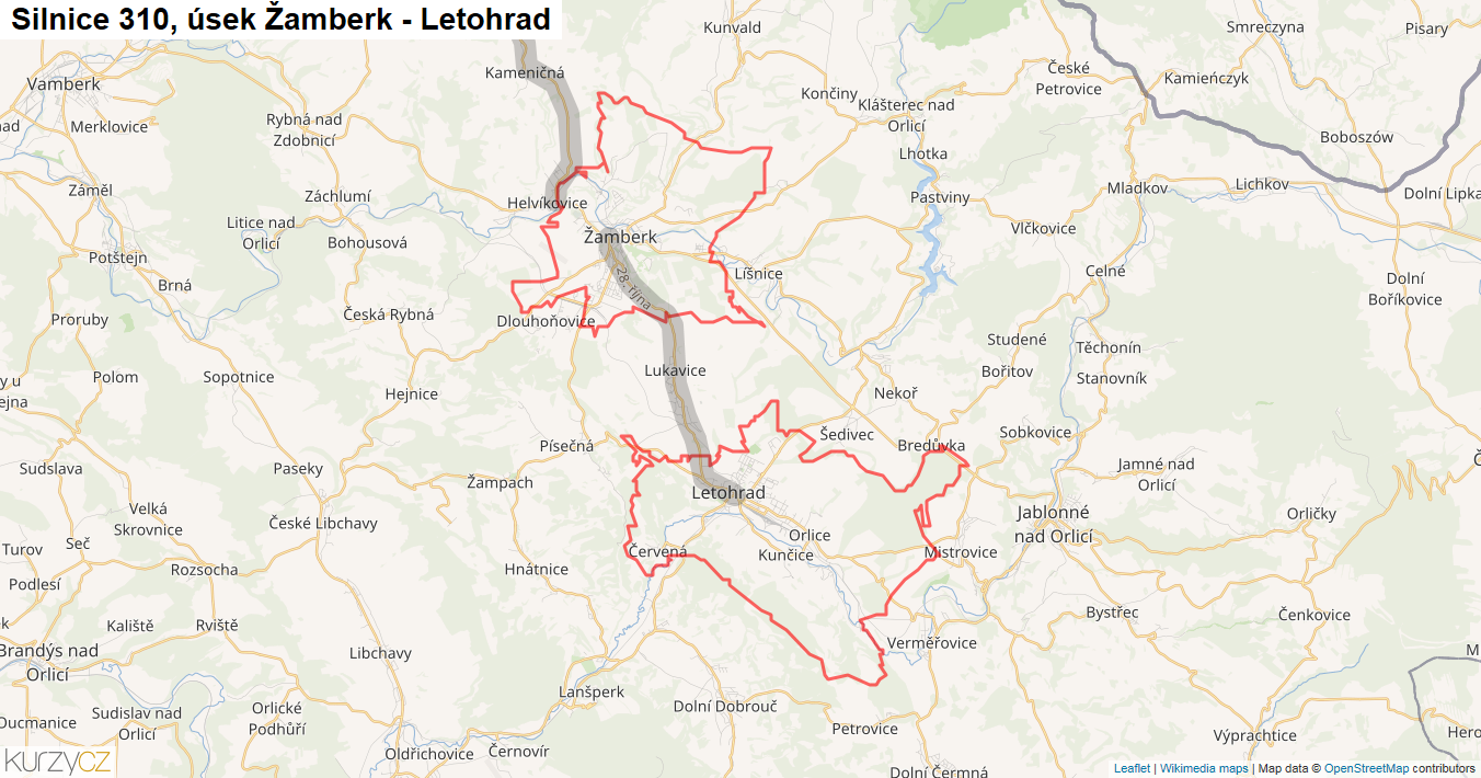 Úsek Žamberk - Letohrad, Silnice 310 - Mapa