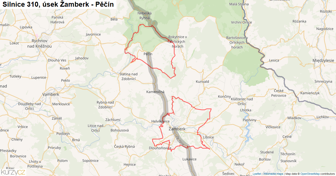 Úsek Žamberk - Pěčín, Silnice 310 - Mapa