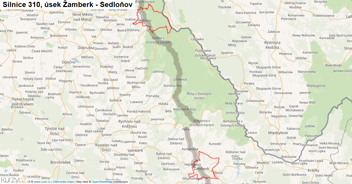 Úsek Žamberk - Sedloňov, Silnice 310 - Mapa