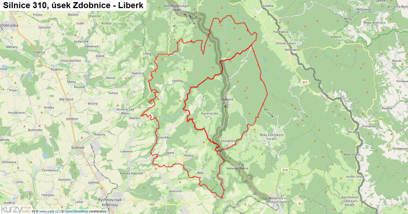 Úsek Zdobnice - Liberk, Silnice 310 - Mapa